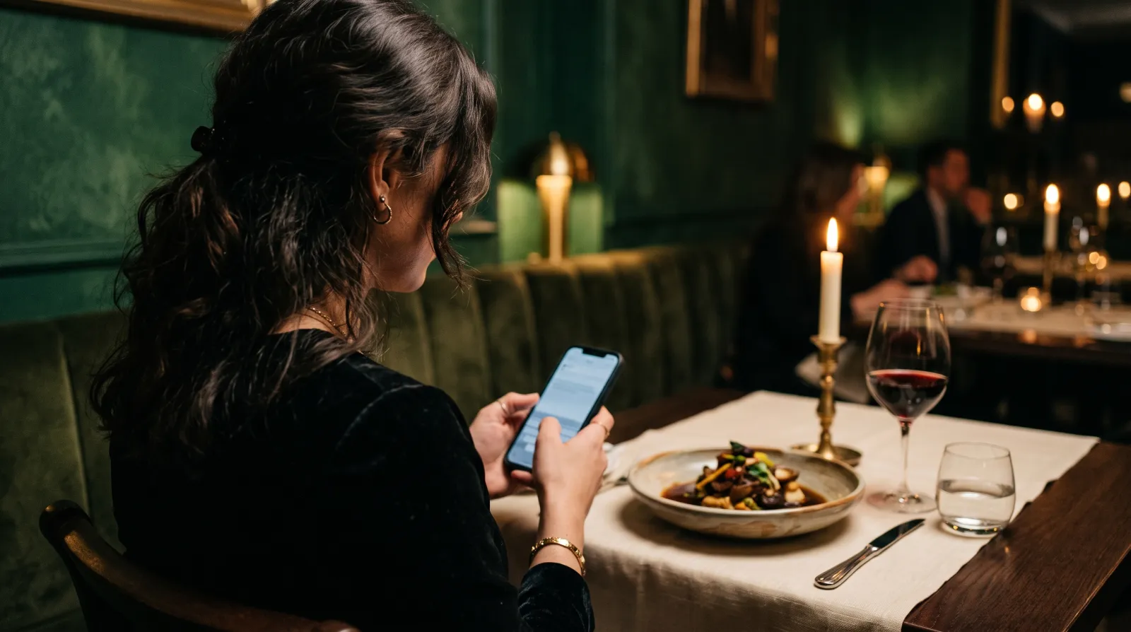 A guest writing a review on her phone at a candlelit restaurant table